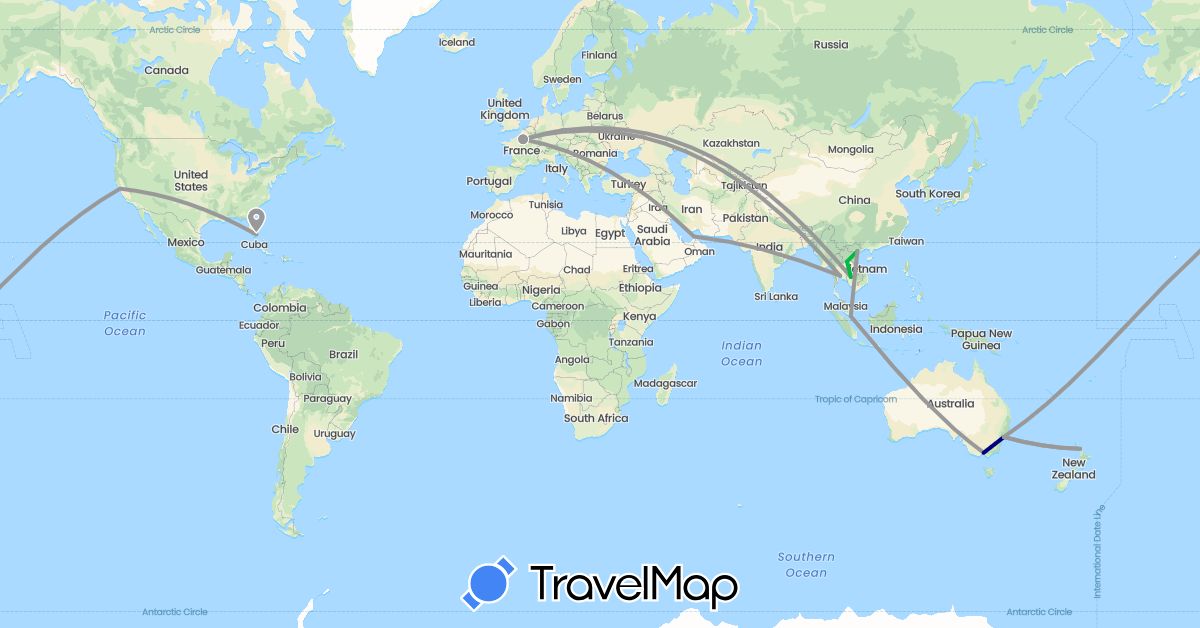 TravelMap itinerary: driving, bus, plane in United Arab Emirates, Australia, France, Cambodia, Laos, New Zealand, Singapore, Thailand, United States, Vietnam (Asia, Europe, North America, Oceania)